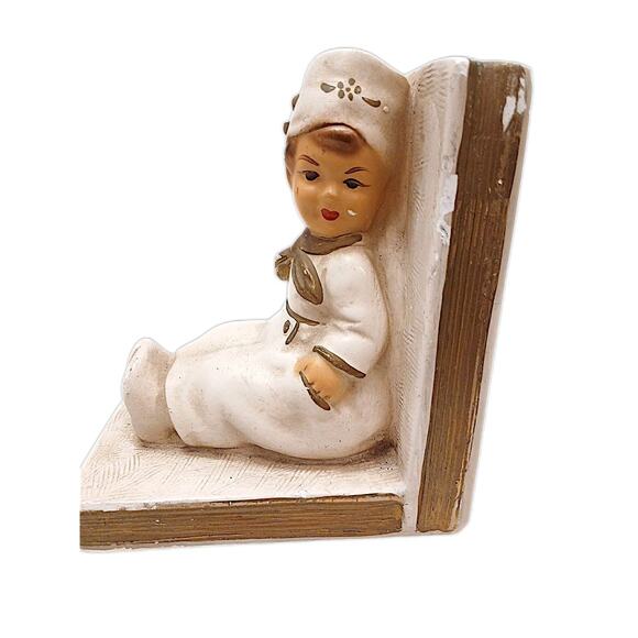 Bookend Set Dutch Boy & Girl Sitting on Books Ceramic Chalkware Nursery Children - Picture 2 of 12